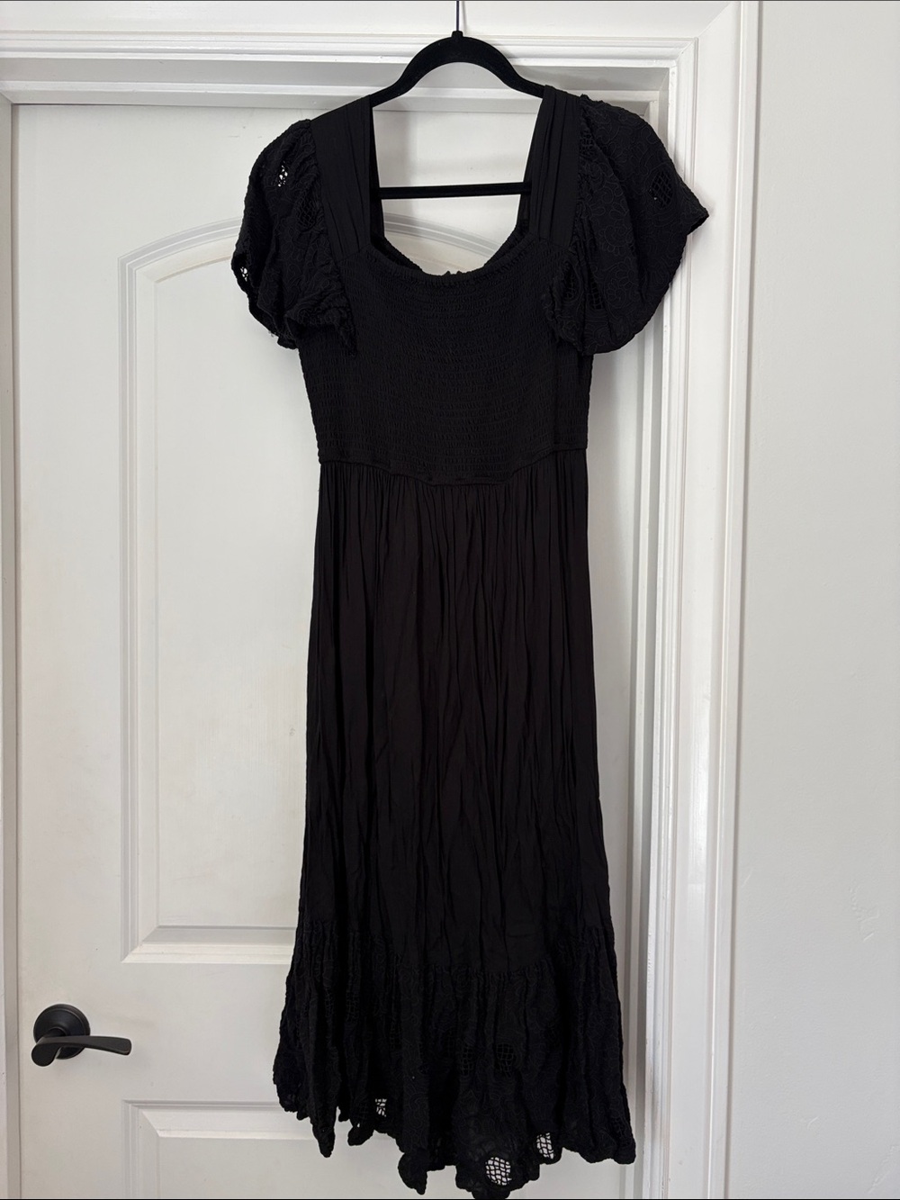 Anthropologie Seen Worn Kept Women's Black Eyelet Smocked Bodice Midi Dress